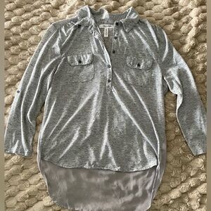 Grey button up shirt, sheer in back